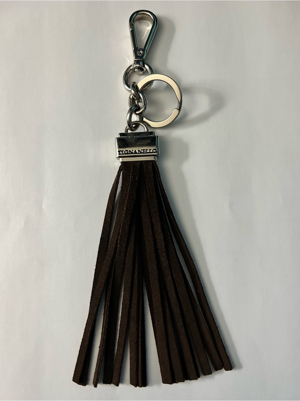 Tignanello Brown Suede Tassel Keychain & Silver Hardware